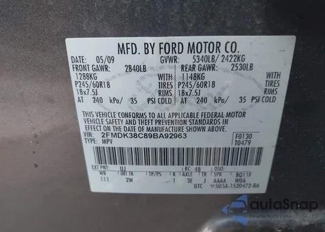 2009 Ford Edge Sel z USA, uszkodzony, nr VIN 2FMDK38C89BA92963